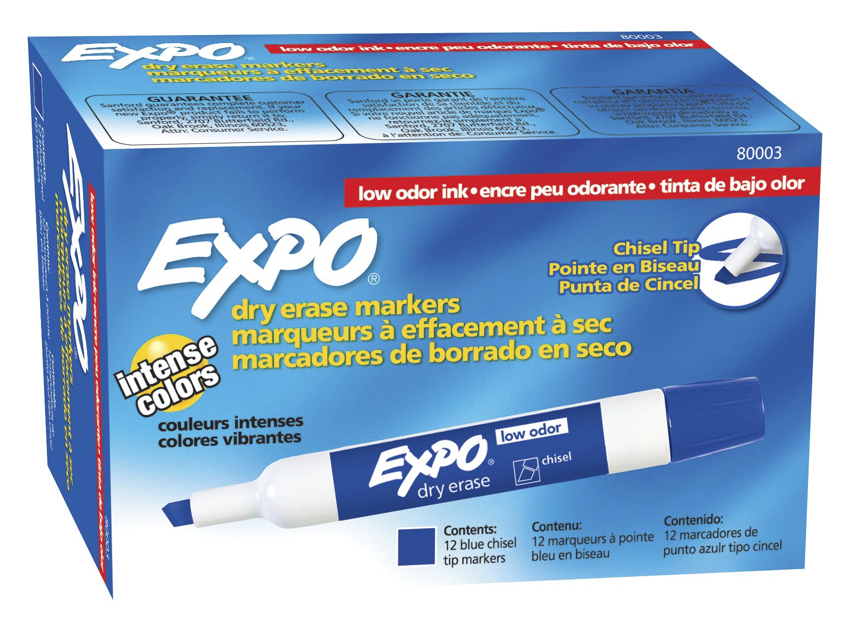 Low Odor Dry Erase Marker, Chisel Tip, Blue, Dozen