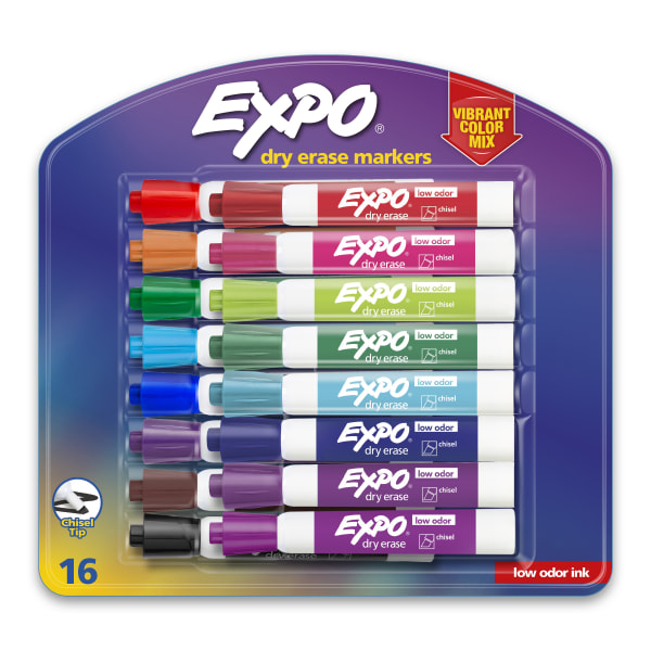 Low Odor Dry Erase Vibrant Color Markers, Assorted Colors, Medium, 16/Set