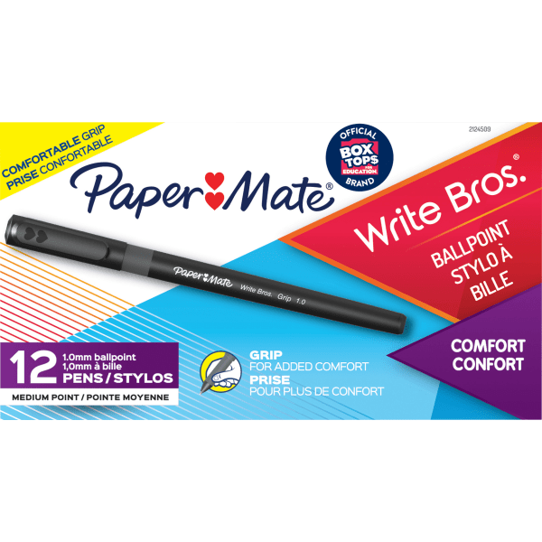 Write Bros. Grip Ballpoint Pen, Medium, 1 mm, Black Ink/Barrel, Dozen