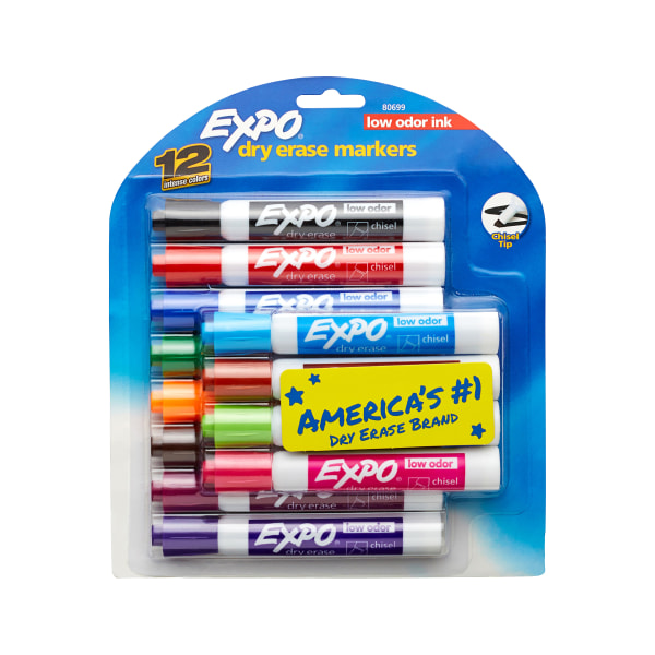 Low-Odor Dry-Erase Marker, Broad Chisel Tip, Assorted Colors, 12/Set