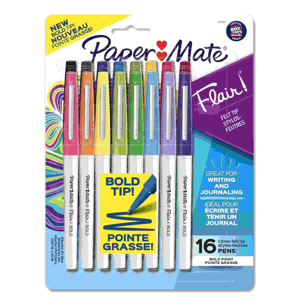 Flair Felt Tip Porous Point Pen, Stick, Bold 1.2 mm, Assorted Ink Colors, White Pearl Barrel, 16/Pack