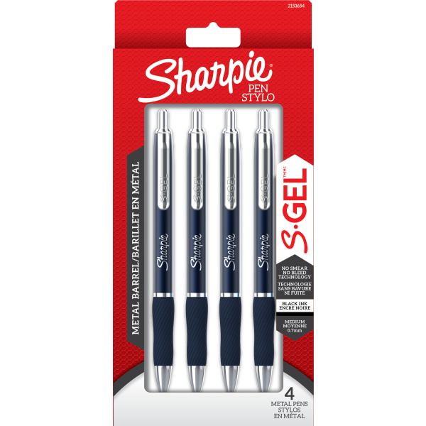 S-Gel Premium Metal Barrel Gel Pen, Retractable, Medium 0.7 mm, Black Ink, Blue Barrel, 4/Pack