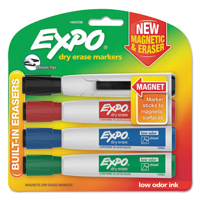 Magnetic Dry Erase Marker, Chisel Tip, Assorted, 4/Pack