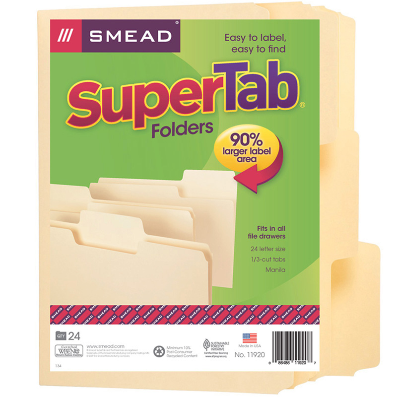 SuperTab File Folder, Oversized 1/3-Cut Tab, Letter Size, Manila, Pack of 24