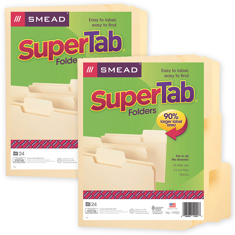 SuperTab File Folder, Oversized 1/3-Cut Tab, Letter Size, Manila, 24 Per Pack, 2 Packs