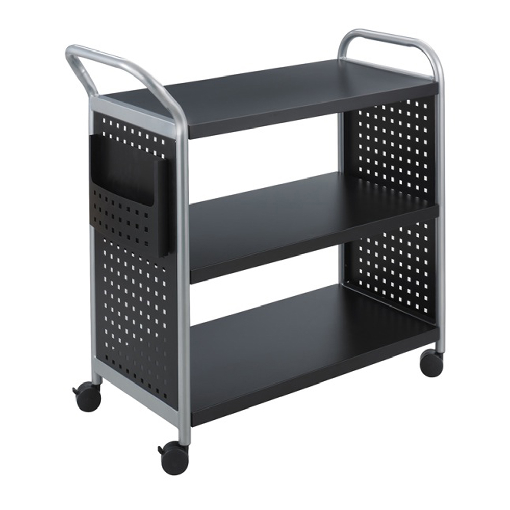 Scoot Three Shelf Utility Cart, Metal, 3 Shelves, 1 Bin, 300 lb Capacity, 31" x 18" x 38", Black/Silver