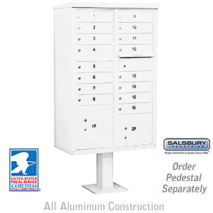 Cluster Box Unit (Includes Pedestal and Master Commercial Locks) - 16 A Size Doors - Type III - White - Private Access