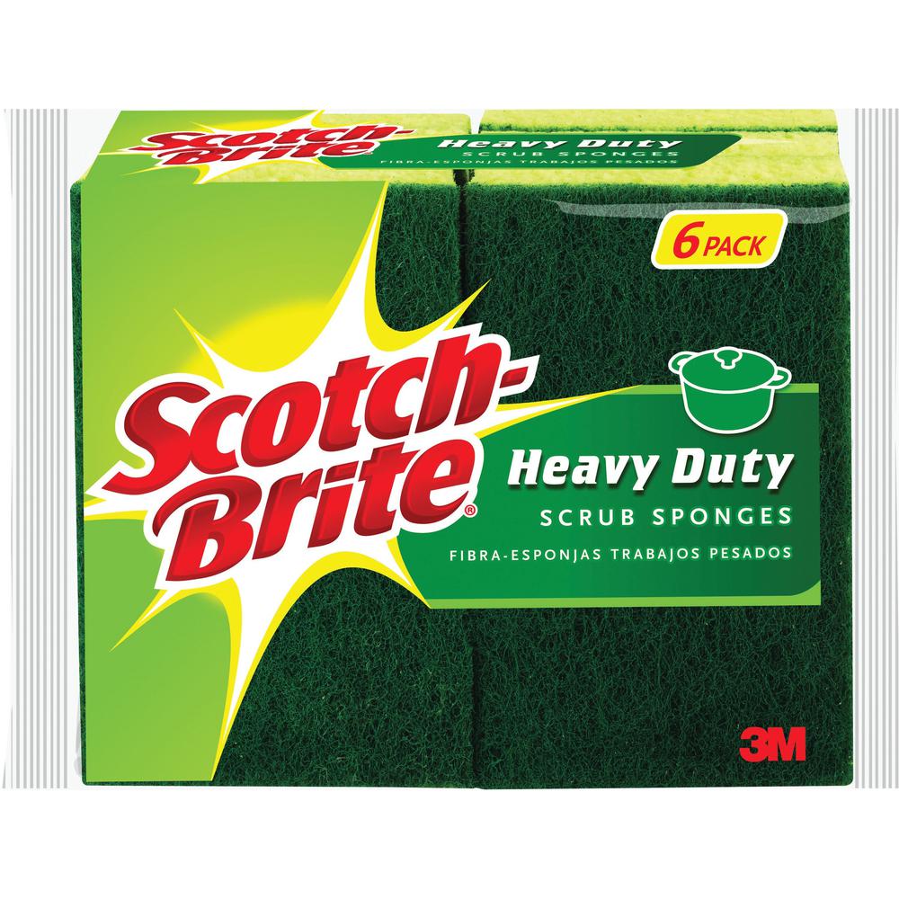 Scotch-Brite Heavy-Duty Scrub Sponges - 2.8" Height x 4.5" Width x 0.6" Depth - 36/Carton - Green, Yellow