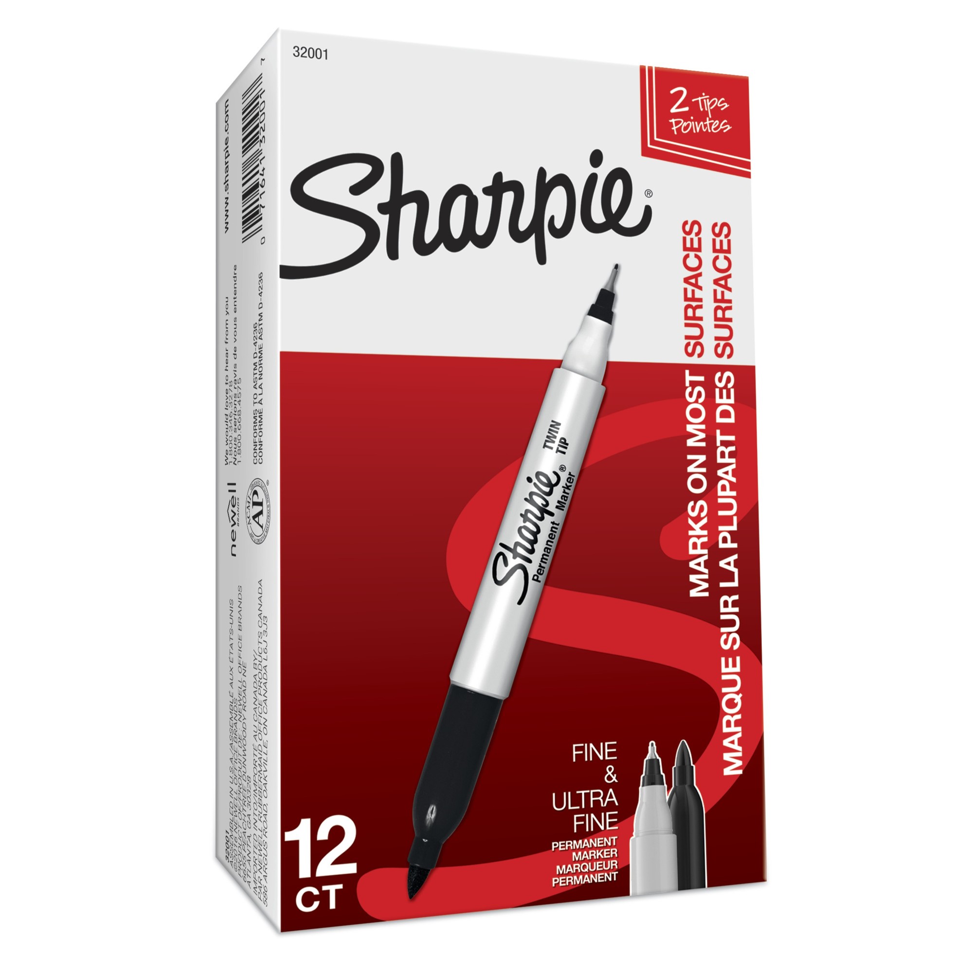 Sharpie Twin Tip Permanent Marker - Fine, Ultra Fine Marker Point - Black Alcohol Based Ink - 1 Dozen