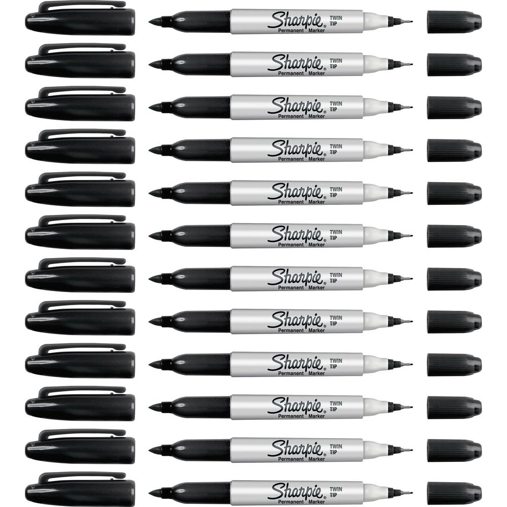 Sharpie Twin Tip Permanent Markers - Ultra Fine, Fine Marker Point - Black Alcohol Based Ink - 12 / Box