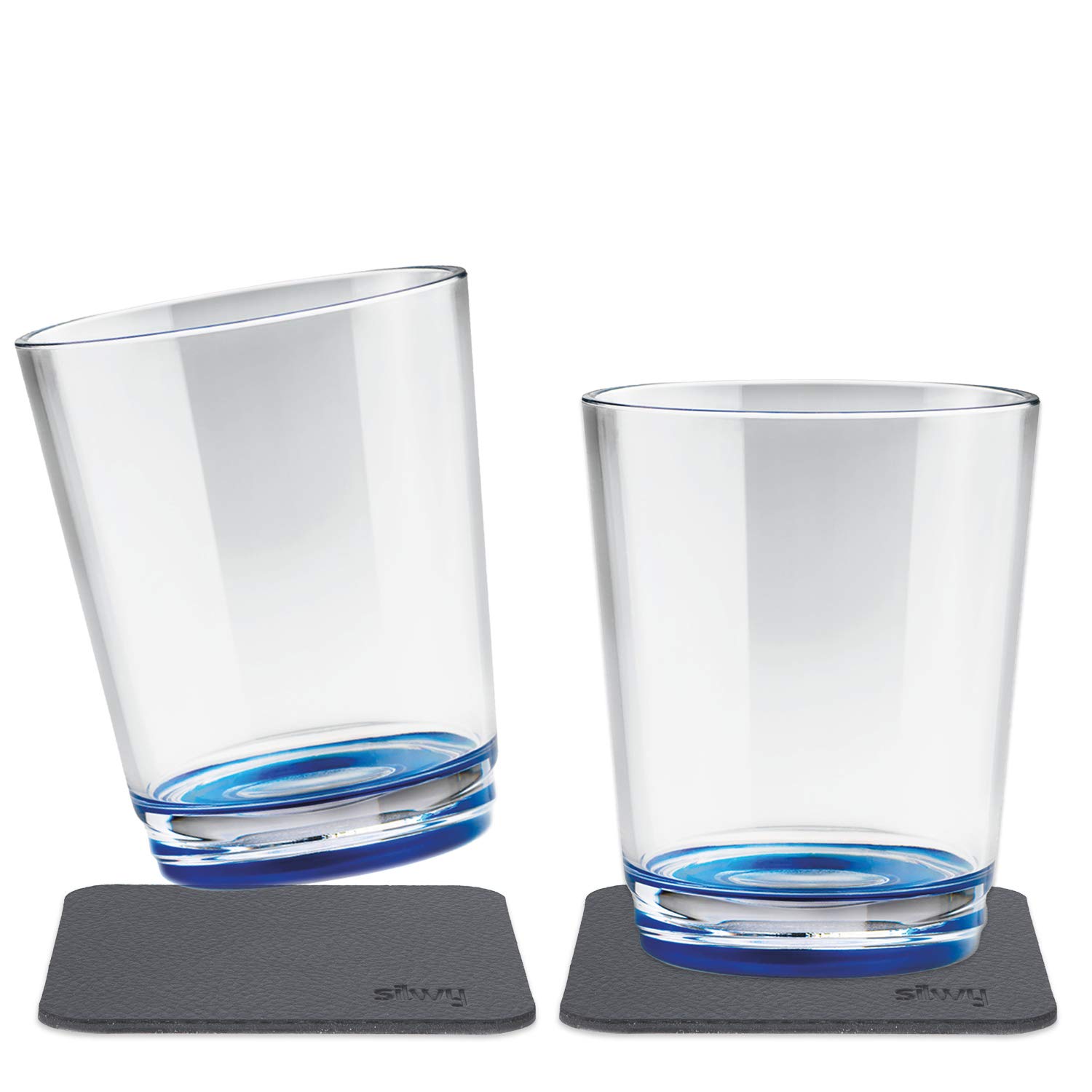 MAGENTIC DRINKING CUPS W/METALLIC NON-SLIP COASTERS, LUI BLUE, SET OF 2