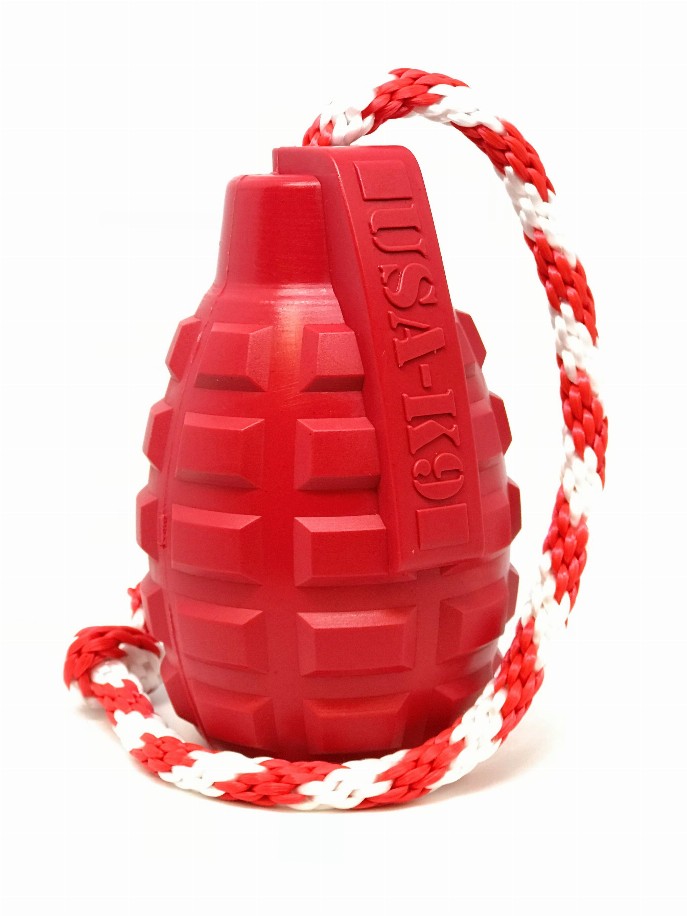 USA-K9 Grenade Durable Rubber Chew Toy, Treat Dispenser, Reward Toy, Tug Toy, and Retrieving Toy - Medium Red