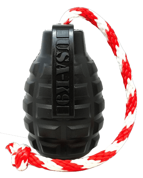 USA-K9 Grenade Durable Rubber Chew Toy, Treat Dispenser, Reward Toy, Tug Toy, and Retrieving Toy - Large Black