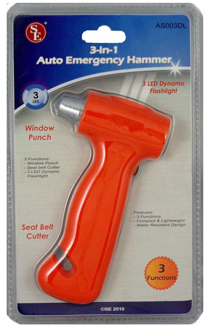 3-IN-1 AUTO EMERGENCY HAMMER WITH SEAT BELT CUTTER, WINDOW PUNCH & 3 LED DYNAMO FLASHLIGHT