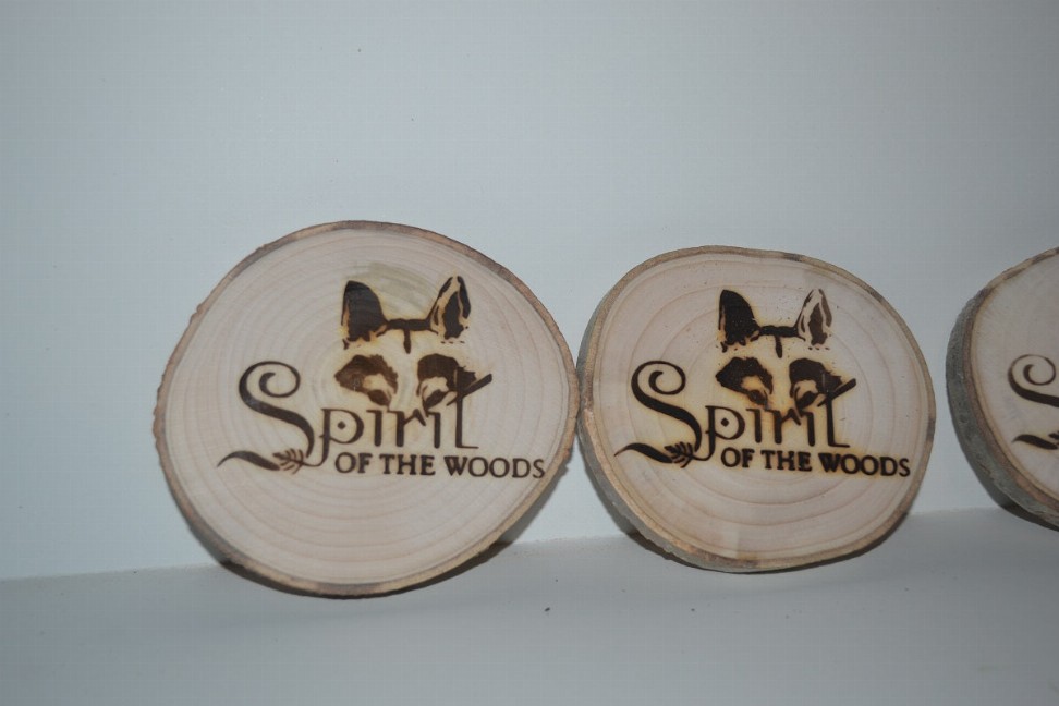 Wood Slice Magnets Set of 4 With Wood Burned Spirit of the Woods Logo - 10 Sets of Four Birch