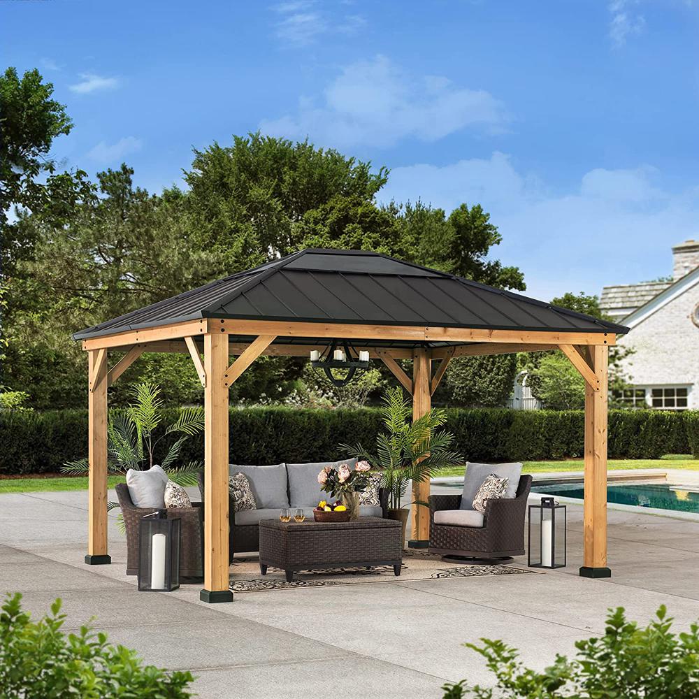 Sunjoy 11 ft. x 13 ft. Cedar Framed Gazebo with Black Steel and Polycarbonate Hip Roof Hard Top