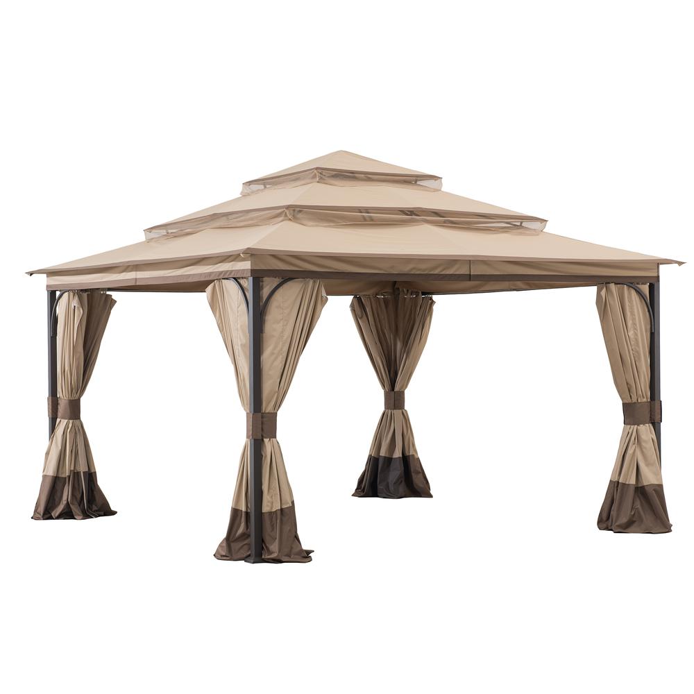 Sunjoy 13 ft. x 13 ft. Steel Gazebo with 3-tier Tan and Brown Canopy