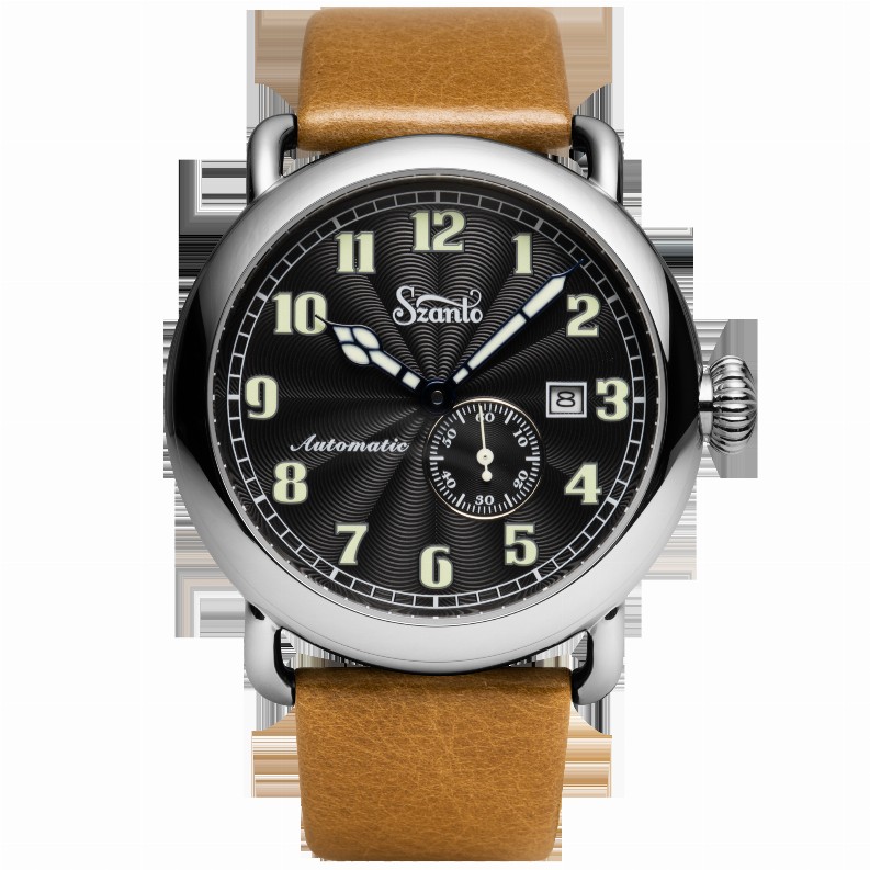 Szanto Automatic Officer SZ - one size - 43MM SS CASE/BLACK DIAL/TAN STRAP SZ 6302