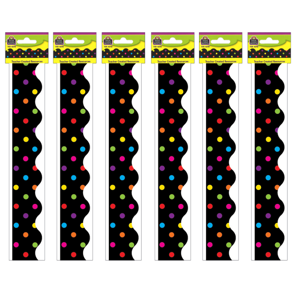 Multicolor Dots on Black Scalloped Border Trim, 35 Feet Per Pack, 6 Packs