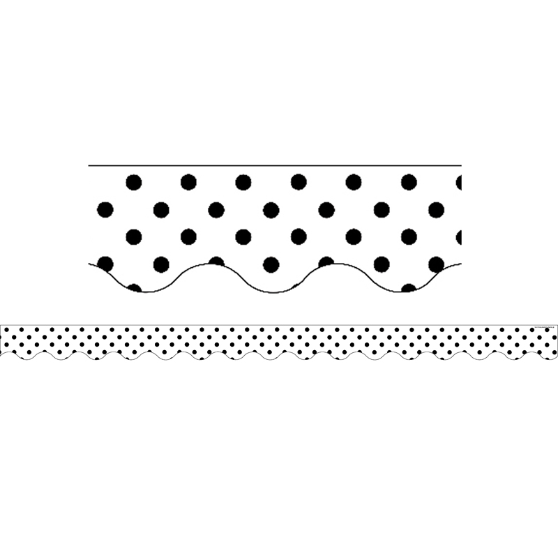 Black Polka Dots on White Scalloped Border Trim, 35 Feet