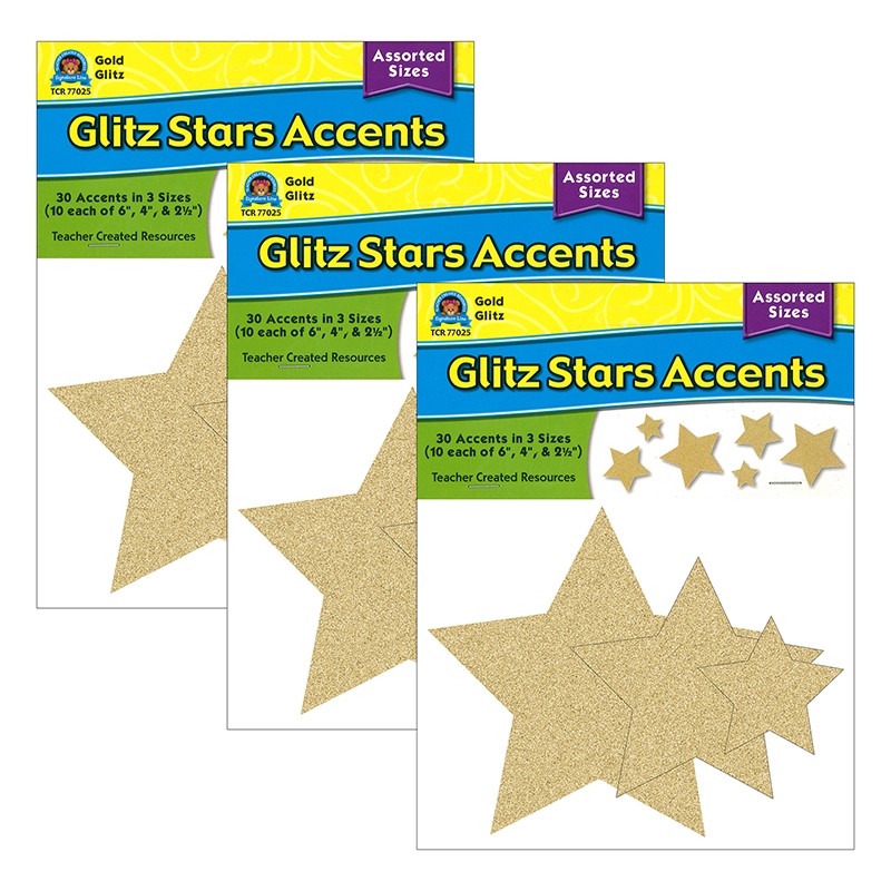 Gold Glitz Stars Accents, Assorted Sizes, 30 Per Pack, 3 Packs