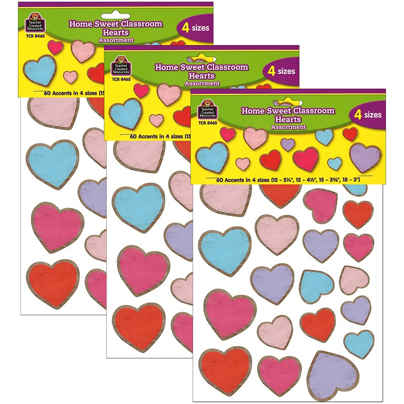 Home Sweet Classroom Hearts Accents, Assorted Sizes, 60 Per Pack, 3 Packs