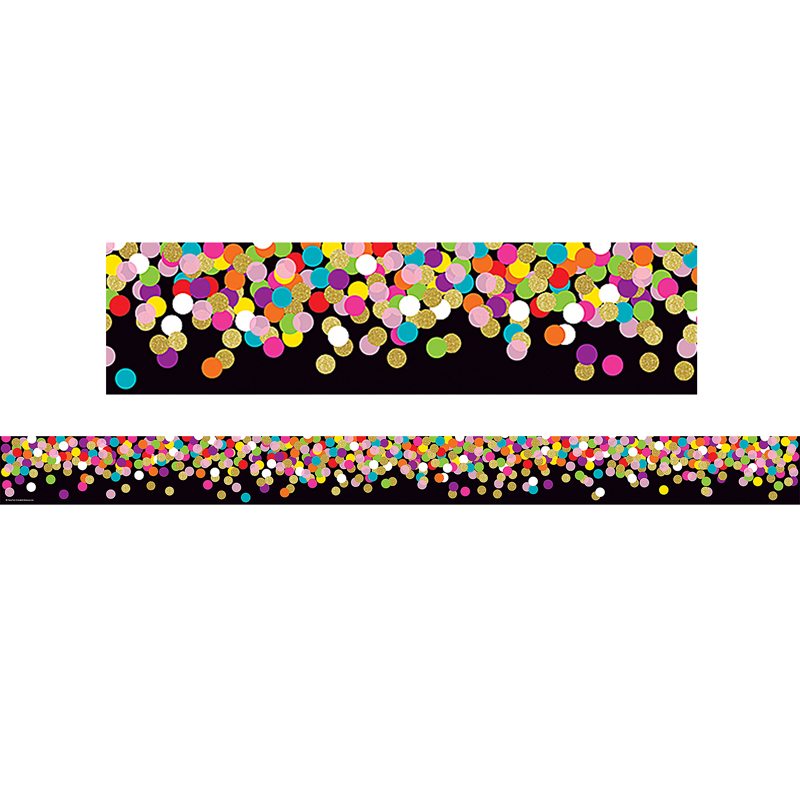 Colorful Confetti on Black Straight Rolled Border Trim, 50 Feet