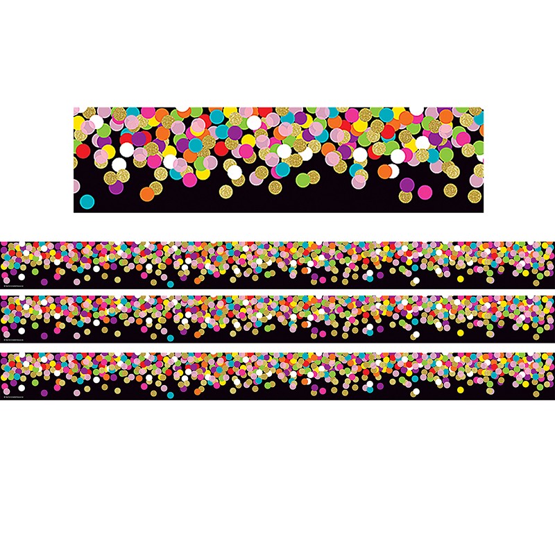 Colorful Confetti on Black Straight Rolled Border Trim, 50 Feet Per Roll, 3 Rolls