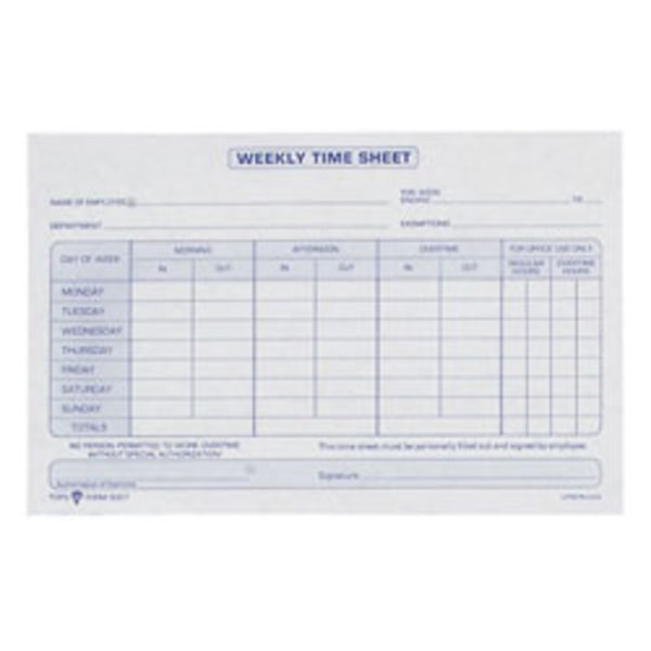 TOPS Weekly Timesheet Form - 100 Sheet(s) - 8.50" x 5.50" Sheet Size - White - White Sheet(s) - Blue Print Color - 2 / Pack