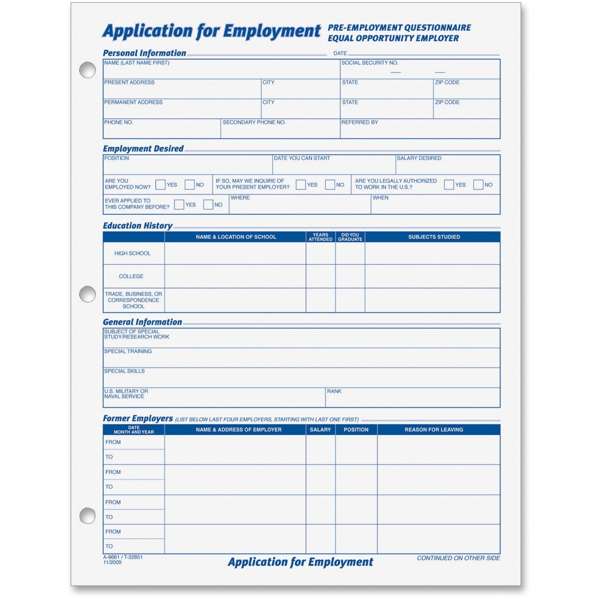 TOPS Employment Application Forms - 50 Sheet(s) - Gummed - 8.50" x 11" Sheet Size - White - White Sheet(s) - Black Print Color -