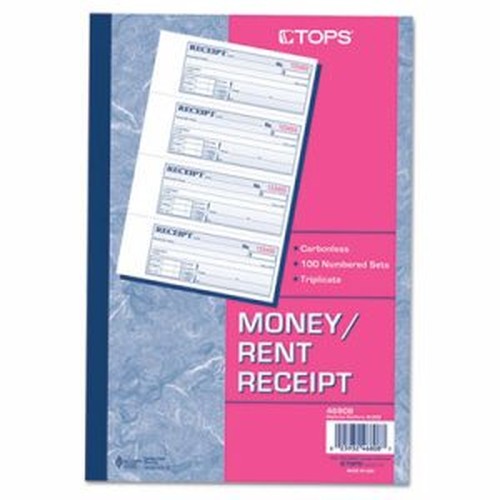 TOPS Money/Rent Receipt Book - 3 PartCarbonless Copy - 2.75" x 7.25" Sheet Size - Assorted Sheet(s) - Blue Print Color - 1 Each