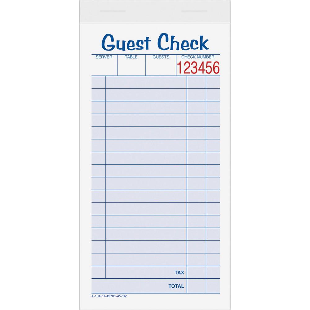 TOPS 2-part Carbonless Guest Check Books - 2 Part - 3.37" x 5.50" Sheet Size - Blue, Green, Red Print Color - 10 / Pack