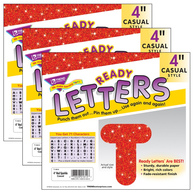 Red Sparkle 4" Casual Uppercase Ready Letters, 3 Packs