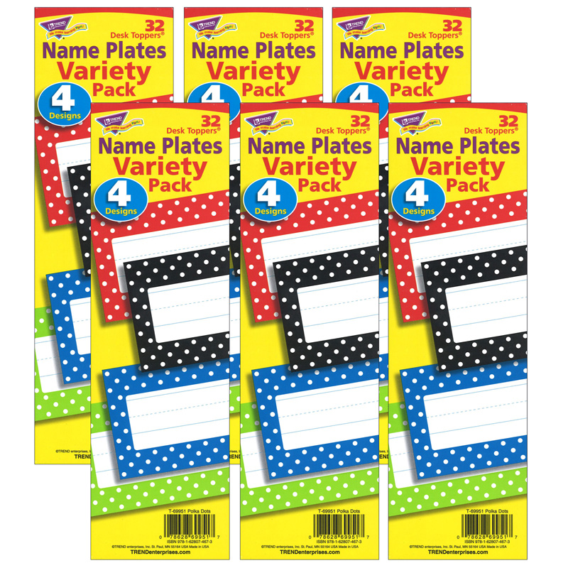 Polka Dots Desk Toppers Name Plates Variety Pack, 32 Per Pack, 6 Packs