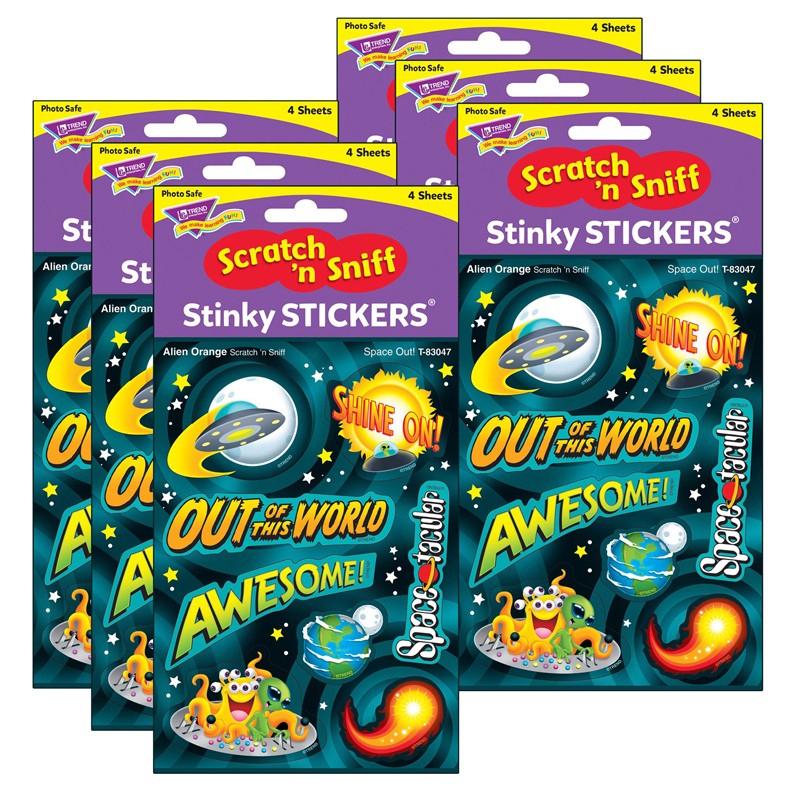 Space Out!/Alien Orange Mixed Shapes Stinky Stickers, 32 Per Pack, 6 Packs