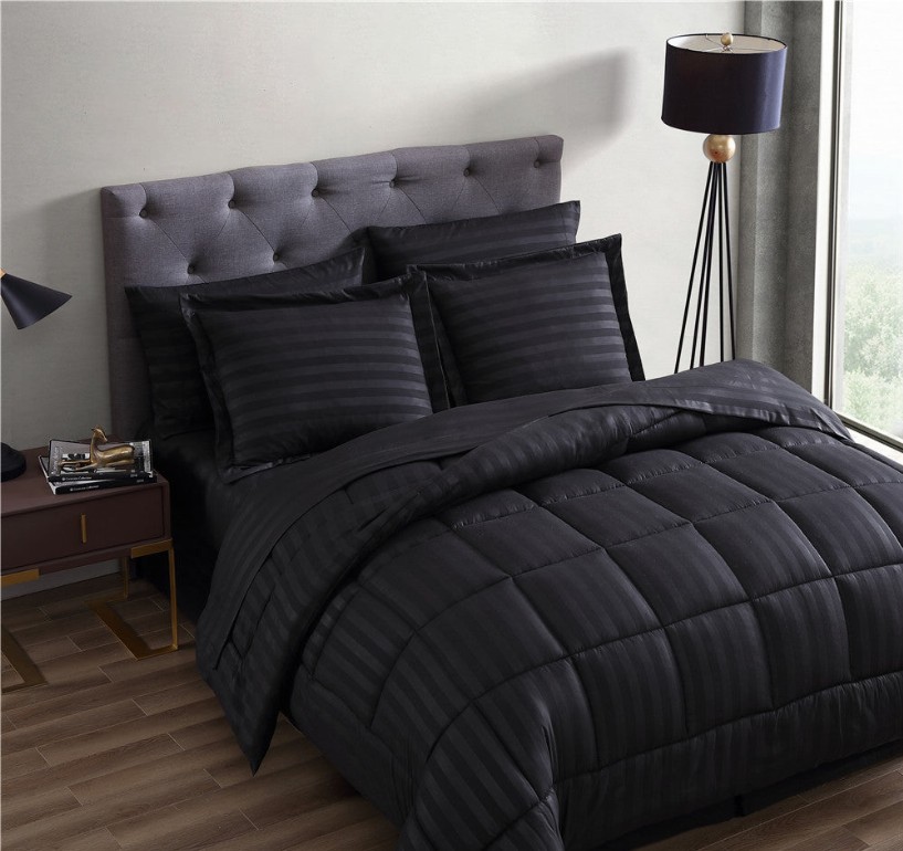 Maple Dobby Stripe 8 Piece bed in a bag Comforter Set - Queen Black