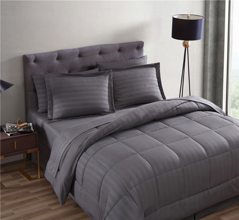 Maple Dobby Stripe 8 Piece bed in a bag Comforter Set - Queen Gray