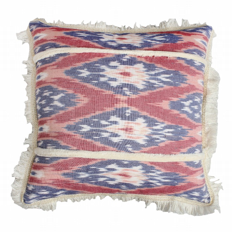 18 x 18 Handcrafted Square Cotton Accent Throw Pillow, Floral Ikat Dyed Pattern, Fringe Accent, Multicolor