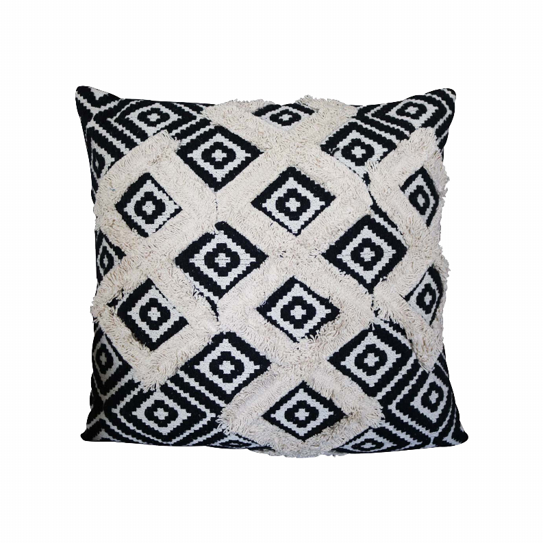  18 x 18 Handcrafted Square Jacquard Soft Cotton Accent Throw Pillow, Diamond Pattern, White, Black