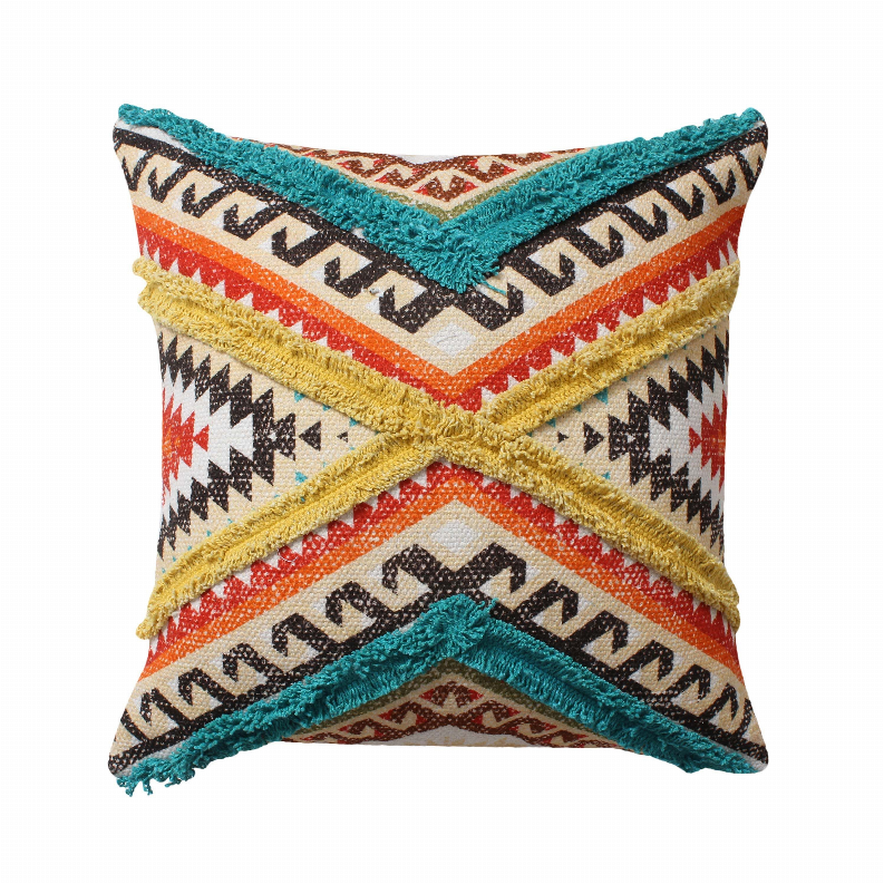  18 x 18 Square Cotton Accent Throw Pillow, Aztec Tribal Inspired Pattern, Trimmed Fringes, Multicolor