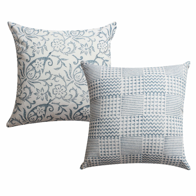  18 x 18 Square Cotton Accent Throw Pillow, Paisley Floral and Square Patterns, Set of 2, White, Blue