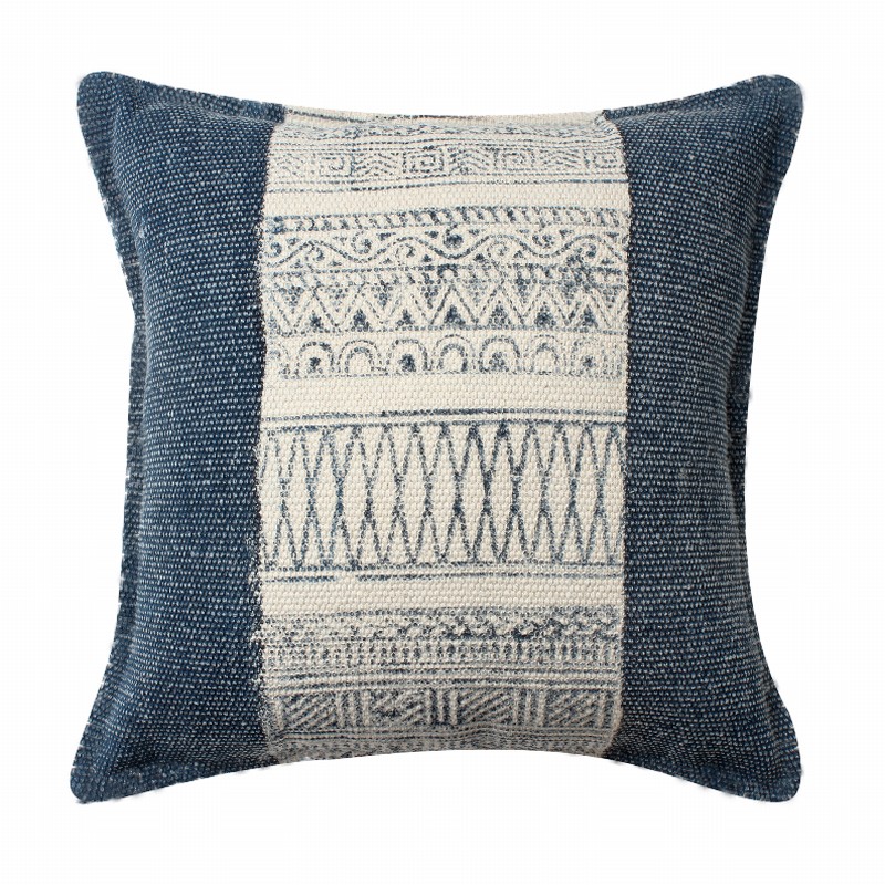  18 x 18 Square Handwoven Accent Throw Pillow, Polycotton Dhurrie, Kilim Pattern, White, Blue