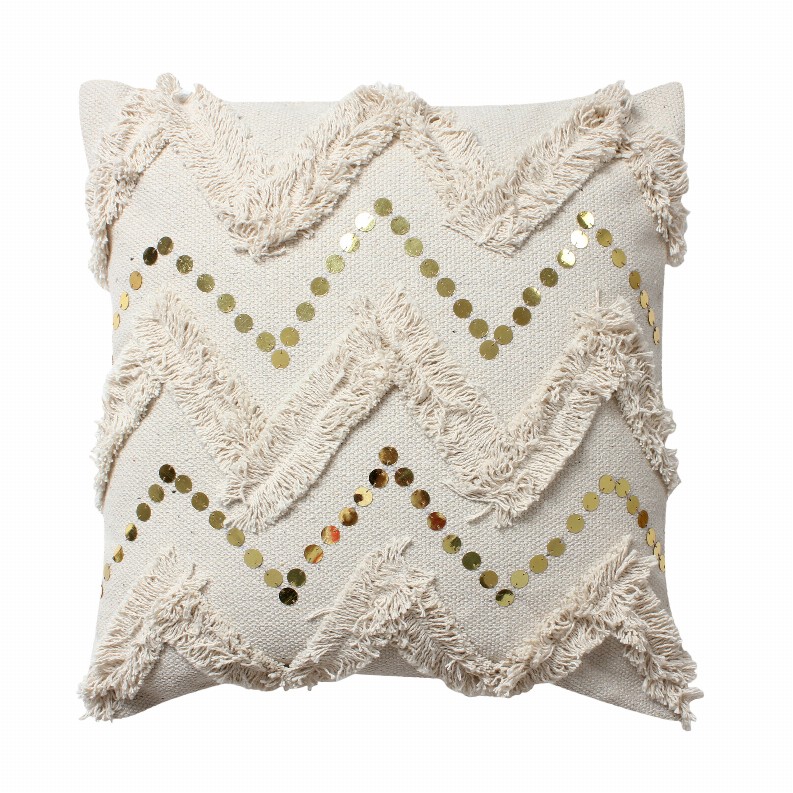  18 x 18 Square Polycotton Handwoven Accent Throw Pillow, Fringed, Sequins, Chevron Design, Off White
