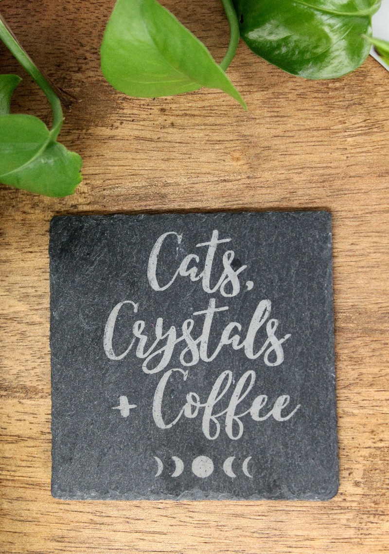 "Cats, Crystals + Coffee" Engraved Slate Coaster