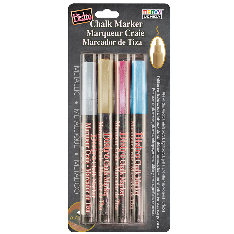 Broad Point Chalk Marker Metallic Fine Tip Set 4M, Gold, Silver, Blue, Red