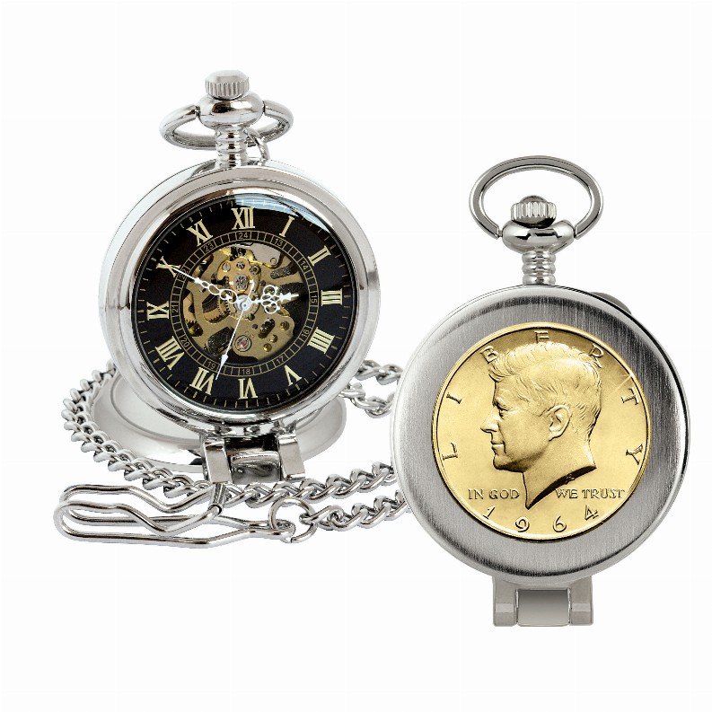 Gold-Layered JFK 1964 First Year of Issue Half Dollar Coin Pocket Watch with Skeleton Movement