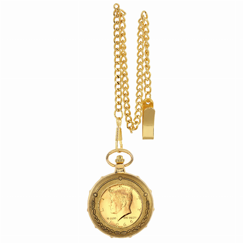 Gold-Layered JFK 1964 First Year of Issue Half Dollar Train Coin Pocket Watch with Skeleton Movement