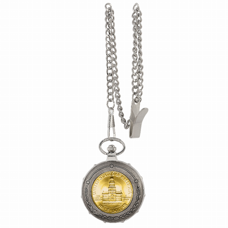 Gold-Layered JFK Bicentennial Half Dollar Train Coin Pocket Watch