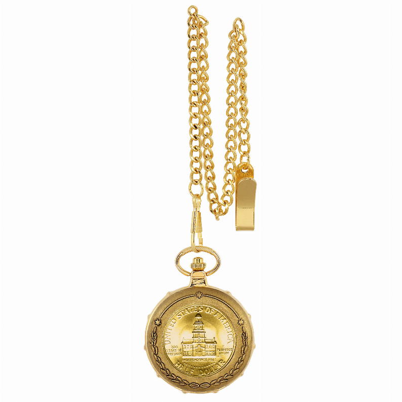 Gold-Layered JFK Bicentennial Half Dollar Train Coin Pocket Watch with Skeleton Movement