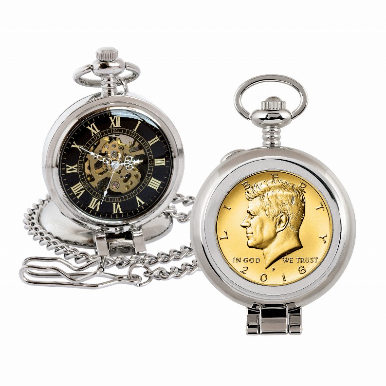 Gold-Layered JFK Half Dollar Coin Pocket Watch with Skeleton